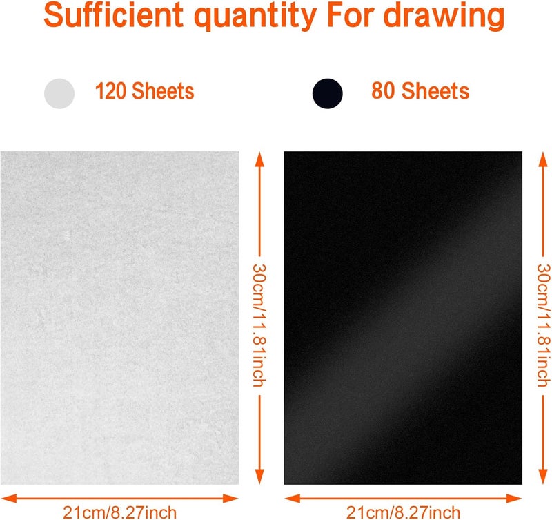 psler Carbon Paper Tracing Paper for Tracing - 120 Pcs White Translucent Tracing Paper and 100 Pcs Black Graphite Paper On Wood Fabric Artist Lettering Sketch Canvas Drawing A4 Size 8.5 X 11 Inch - Image 2